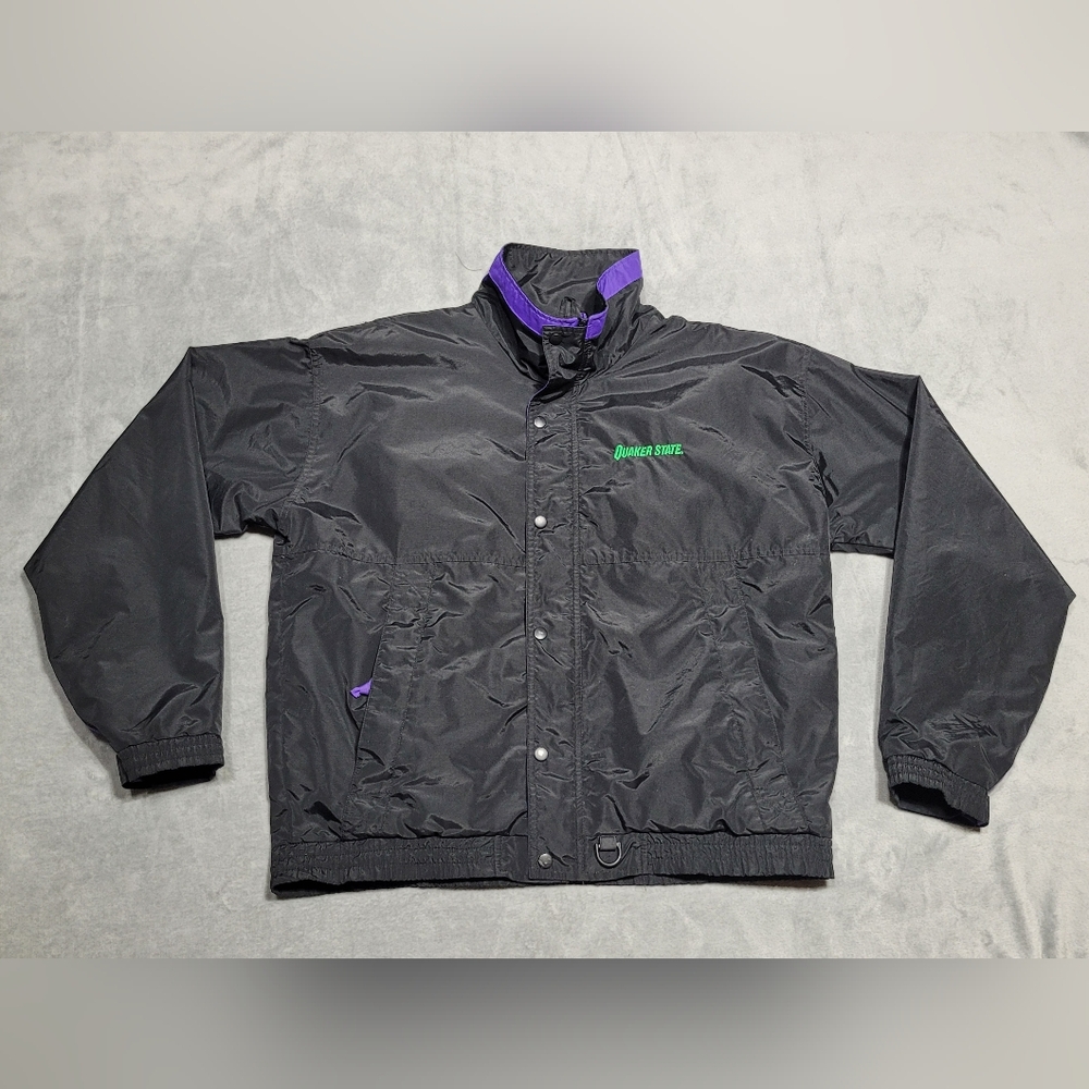 Vintage Quaker State Black Racing Jacket Windbreaker Tri Mountain Mens Large